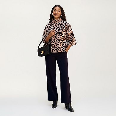 Women’s Leopard Print Knit Top with High Mock Neck, Wide Long Sleeves and Soft Textured Finish
