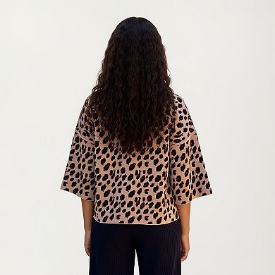 Women’s Leopard Print Knit Top with High Mock Neck, Wide Long Sleeves and Soft Textured Finish