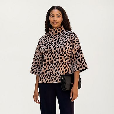 Women’s Leopard Print Knit Top with High Mock Neck, Wide Long Sleeves and Soft Textured Finish