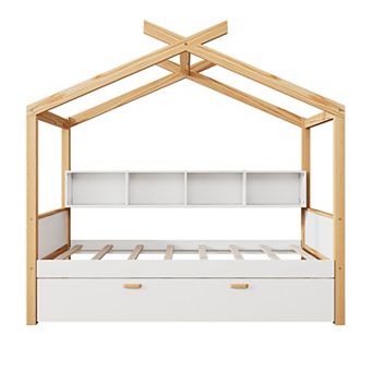 Whisen Wooden House Bed, Original Wood Colored Frame with Trundle and Bookshelf Storage Space