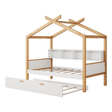 Whisen Wooden House Bed, Original Wood Colored Frame with Trundle and Bookshelf Storage Space