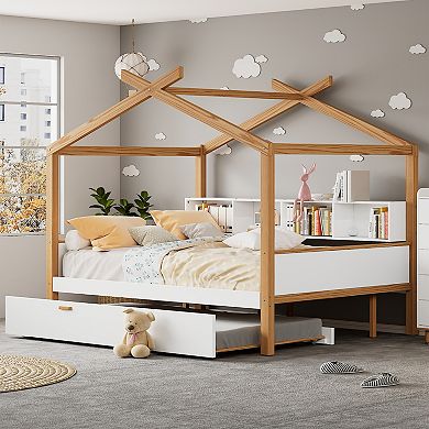 Whisen Wooden House Bed, Original Wood Colored Frame with Trundle and Bookshelf Storage Space