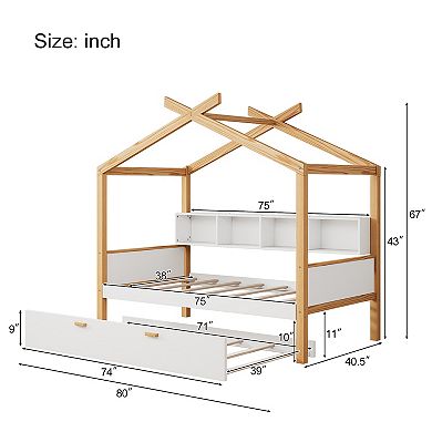 Whisen Wooden House Bed, Original Wood Colored Frame with Trundle and Bookshelf Storage Space