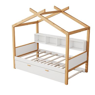 Whisen Wooden House Bed, Original Wood Colored Frame with Trundle and Bookshelf Storage Space