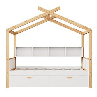 Whisen Wooden House Bed, Original Wood Colored Frame with 2 Drawers and Bookshelf Storage Space