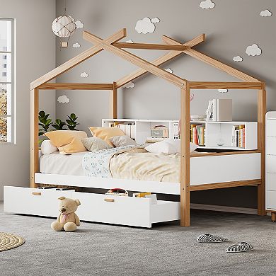 Whisen Wooden House Bed, Original Wood Colored Frame with 2 Drawers and Bookshelf Storage Space