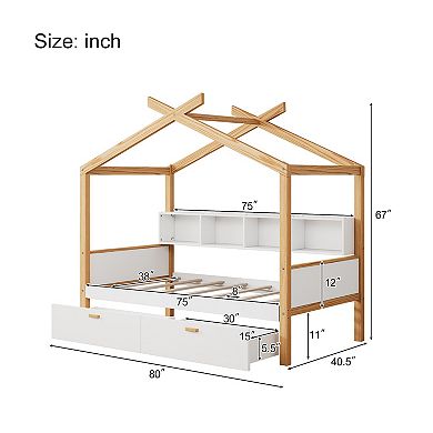Whisen Wooden House Bed, Original Wood Colored Frame with 2 Drawers and Bookshelf Storage Space