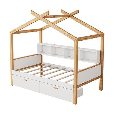 Whisen Wooden House Bed, Original Wood Colored Frame with 2 Drawers and Bookshelf Storage Space