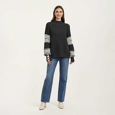 Women’s Patterned Knit Pullover Top with Textured Waffle Stitch Body, Contrast Ribbed Mock Neck