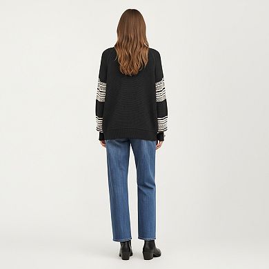 Women’s Patterned Knit Pullover Top with Textured Waffle Stitch Body, Contrast Ribbed Mock Neck