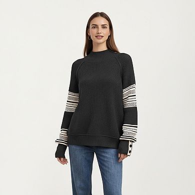 Women’s Patterned Knit Pullover Top with Textured Waffle Stitch Body, Contrast Ribbed Mock Neck
