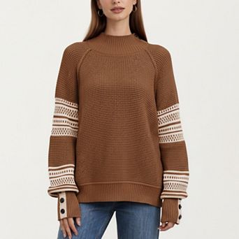 Women’s Patterned Knit Pullover Top with Textured Waffle Stitch Body, Contrast Ribbed Mock Neck