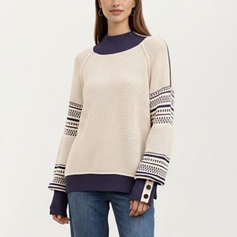 Women’s Patterned Knit Pullover Top with Textured Waffle Stitch Body, Contrast Ribbed Mock Neck