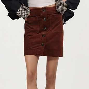 Women’s Button Front Corduroy Mini Skirt with Structured Patch Pockets and Clean Straight Hem