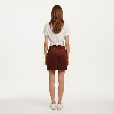 Women’s Button Front Corduroy Mini Skirt with Structured Patch Pockets and Clean Straight Hem