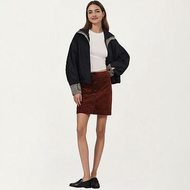 Women’s Button Front Corduroy Mini Skirt with Structured Patch Pockets and Clean Straight Hem