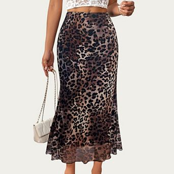 Women's Leopard Print Mid-Length A-Line Skirt with Satin-Like Texture and Flowing Draped Silhouette