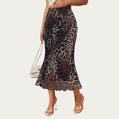 Women's Leopard Print Mid-Length A-Line Skirt with Satin-Like Texture and Flowing Draped Silhouette
