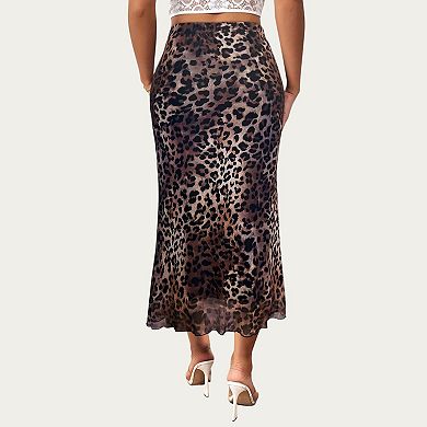 Women's Leopard Print Mid-Length A-Line Skirt with Satin-Like Texture and Flowing Draped Silhouette