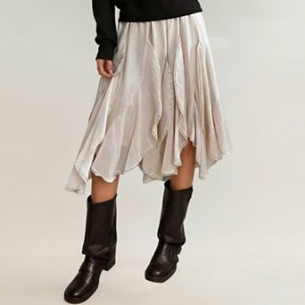 Women’s Layered Handkerchief Hem Midi Skirt with Soft Flowing Panels and Textured Draped Design