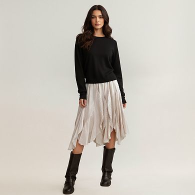 Women’s Layered Handkerchief Hem Midi Skirt with Soft Flowing Panels and Textured Draped Design