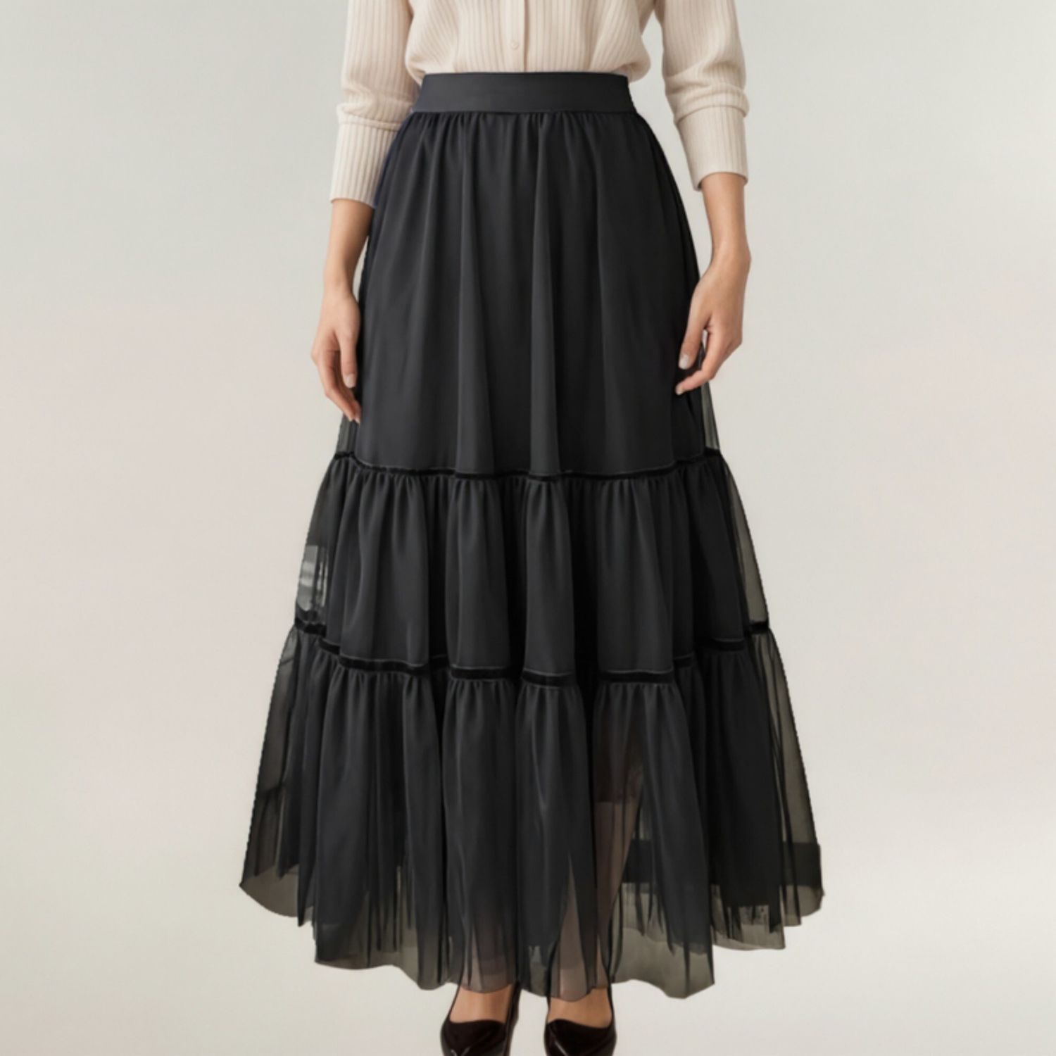 スカート OHESHIO LAYERED SHEER FRILL SKIRT BLACK 8027098