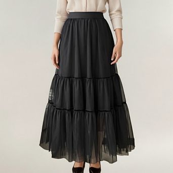 Women’s Tiered Mesh Maxi Skirt with Layered Sheer Panels and Flowing A-Line Silhouette