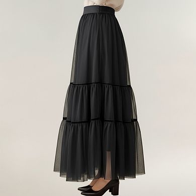 Women’s Tiered Mesh Maxi Skirt with Layered Sheer Panels and Flowing A-Line Silhouette