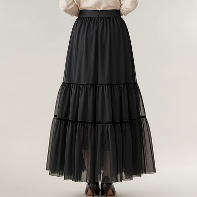 Women’s Tiered Mesh Maxi Skirt with Layered Sheer Panels and Flowing A-Line Silhouette