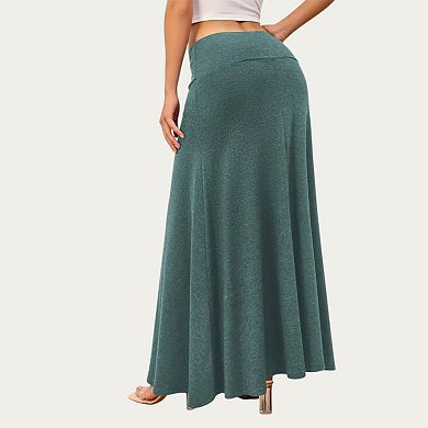 Women’s Soft Stretch Maxi Skirt with Foldover Waistband and Flowing Relaxed Silhouette Designed
