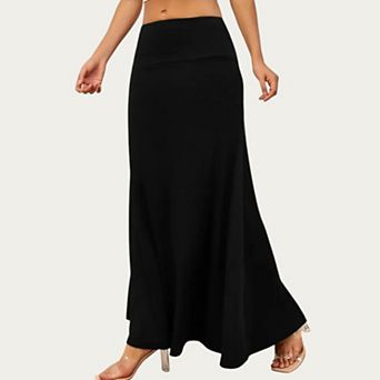 Women’s Soft Stretch Maxi Skirt with Foldover Waistband and Flowing Relaxed Silhouette Designed