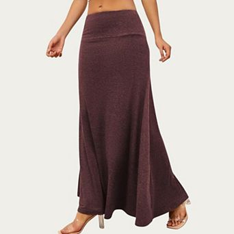 Women’s Soft Stretch Maxi Skirt with Foldover Waistband and Flowing Relaxed Silhouette Designed