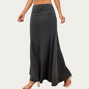 Women’s Soft Stretch Maxi Skirt with Foldover Waistband and Flowing Relaxed Silhouette Designed