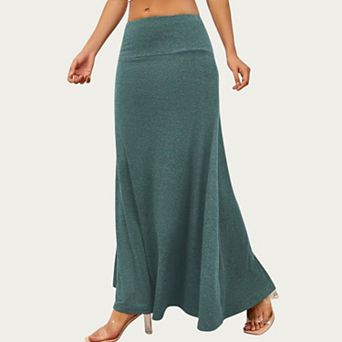 Women’s Soft Stretch Maxi Skirt with Foldover Waistband and Flowing Relaxed Silhouette Designed