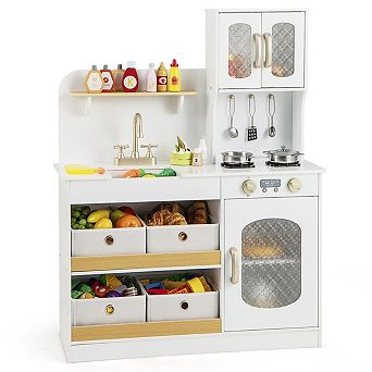 Kids Kitchen Playset with Cooking Accessories and Toy Cuttable Veggies-White