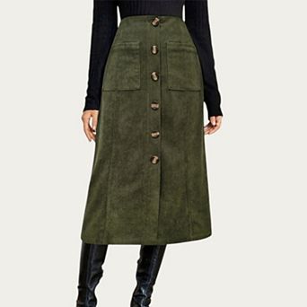 Women’s Button Front Corduroy Midi Skirt with Structured Patch Pockets and Soft Textured Fabric
