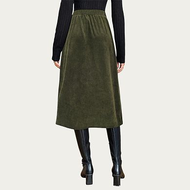 Women’s Button Front Corduroy Midi Skirt with Structured Patch Pockets and Soft Textured Fabric