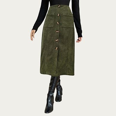 Women’s Button Front Corduroy Midi Skirt with Structured Patch Pockets and Soft Textured Fabric