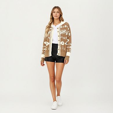 Women’s Floral Jacquard Button Front Cardigan Top with Soft Knit Texture, Relaxed Drop Shoulder Fit