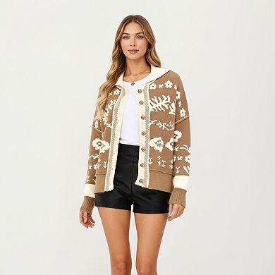 Women’s Floral Jacquard Button Front Cardigan Top with Soft Knit Texture, Relaxed Drop Shoulder Fit