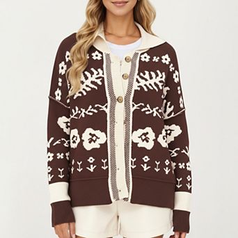 Women’s Floral Jacquard Button Front Cardigan Top with Soft Knit Texture, Relaxed Drop Shoulder Fit