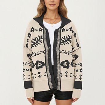 Women ’s Floral Jacquard Button Front Cardigan Top with Soft Knit Texture, Relaxed Drop Shoulder Fit