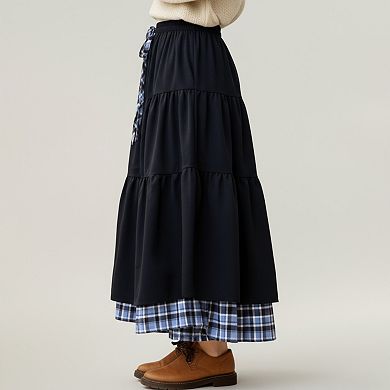 Women’s Tiered Midi Skirt with Adjustable Drawstring Waist and Layered Plaid Hem Detail