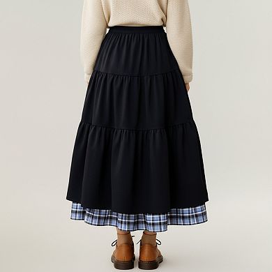 Women’s Tiered Midi Skirt with Adjustable Drawstring Waist and Layered Plaid Hem Detail