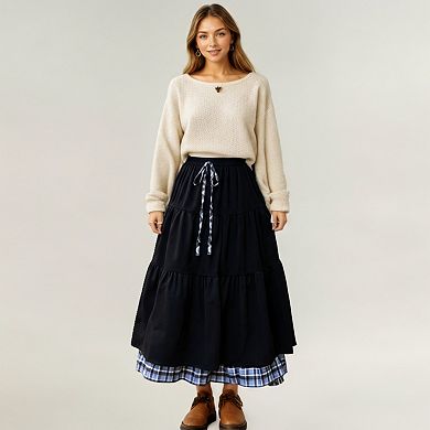 Women’s Tiered Midi Skirt with Adjustable Drawstring Waist and Layered Plaid Hem Detail