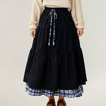 Women’s Tiered Midi Skirt with Adjustable Drawstring Waist and Layered Plaid Hem Detail