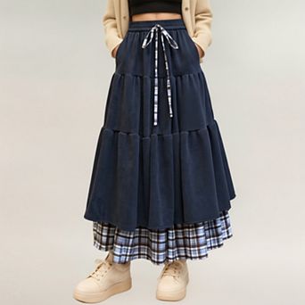 Women’s Tiered Midi Skirt with Adjustable Drawstring Waist and Layered Plaid Hem Detail