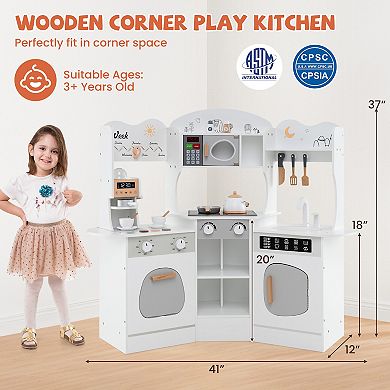 Corner Wooden Play Kitchen with Coffee Machine and Slide for Kids-White