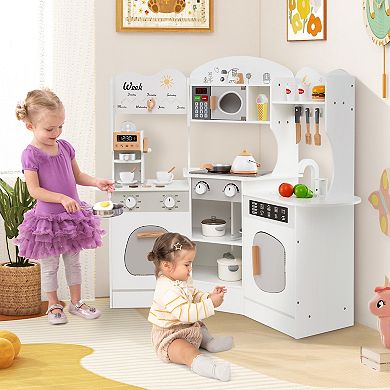 Corner Wooden Play Kitchen with Coffee Machine and Slide for Kids-White