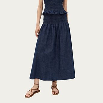 Women’s Denim Maxi Skirt with Smocked Waist Detail and Soft Structured A-Line Shape
